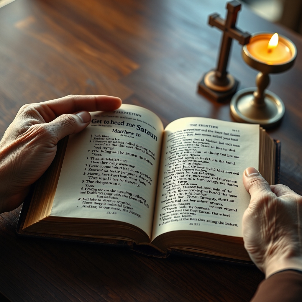 Photorealistic close-up of an open antique King James Bible showing the text of Matthew 16, held by weathered hands, with warm lighting and a wooden cross softly visible in the background.