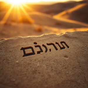 Photorealistic close-up of ancient Aramaic script on weathered stone, illuminated by warm golden sunlight against a softly blurred Middle Eastern desert landscape, evoking the historical world of Jesus.