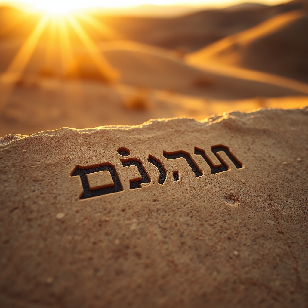 Photorealistic close-up of ancient Aramaic script on weathered stone, illuminated by warm golden sunlight against a softly blurred Middle Eastern desert landscape, evoking the historical world of Jesus.