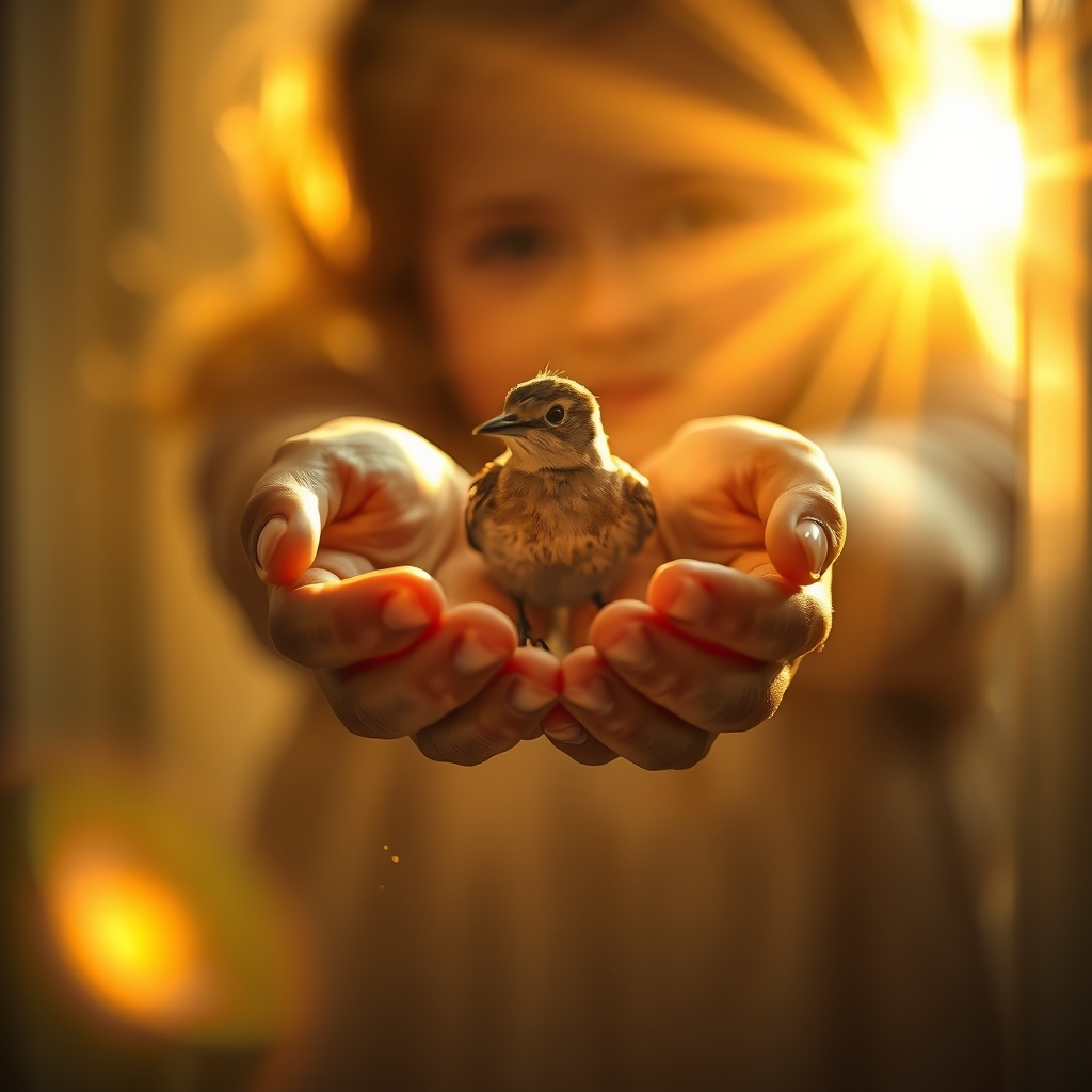 Photorealistic close-up of cupped hands with a small bird being released into golden sunlight, symbolizing resurrection and new life