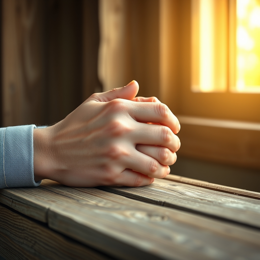 Photorealistic close-up of hands in prayer on a wooden surface, symbolizing faith and trust in Jesus as taught in the wedding at Cana.