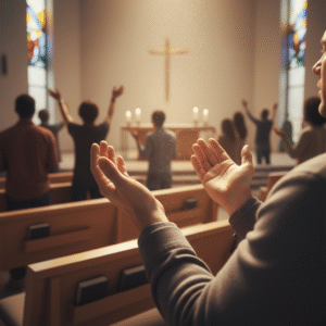 Photorealistic close-up of raised hands in worship in a warm, softly lit modern church sanctuary with golden light and reverent atmosphere