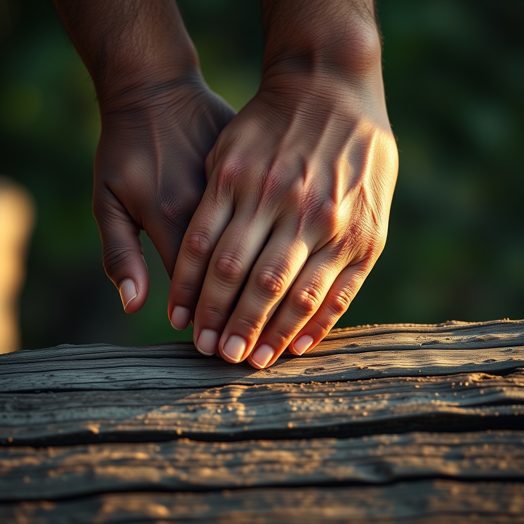Photorealistic close-up of two hands reaching toward each other over a textured ancient wooden surface, bathed in warm light.
