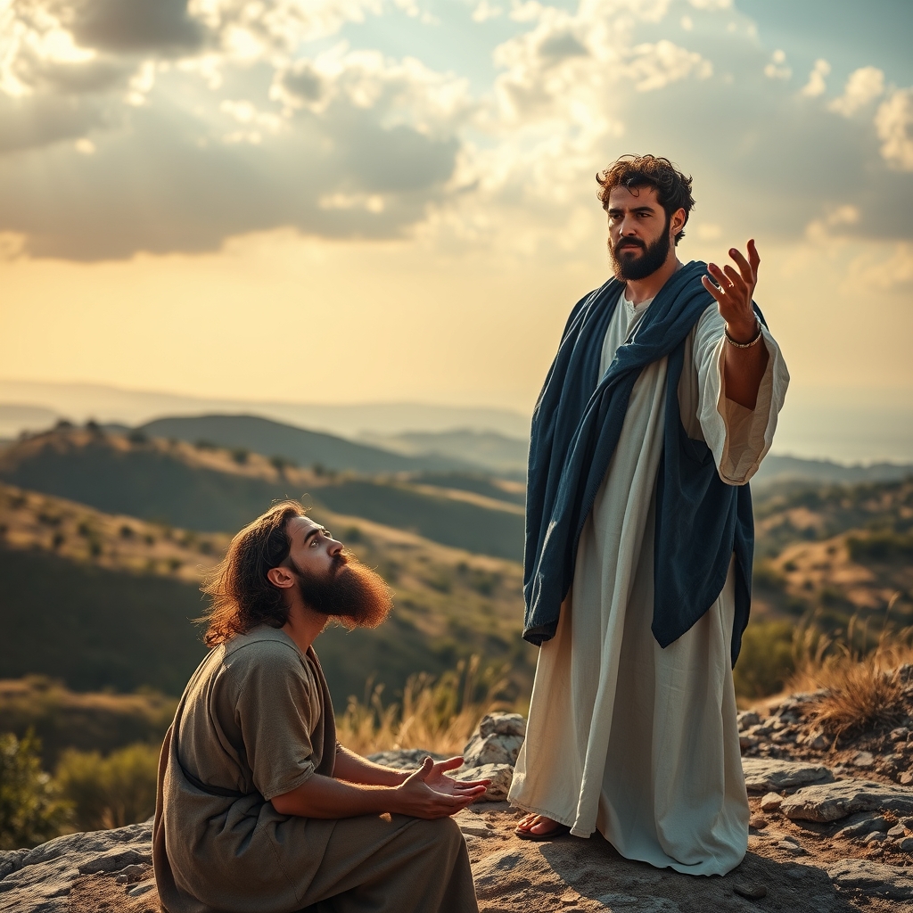 Photorealistic depiction of Jesus firmly rebuking Peter on a hillside in ancient Galilee, with dramatic golden-hour lighting and the Sea of Galilee visible in the background.
