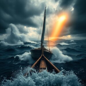 Photorealistic dramatic seascape of a wooden fishing boat caught in a violent storm with dark brooding clouds and massive waves, illuminated by a single shaft of divine light breaking through the storm clouds symbolizing Jesus calming the storm