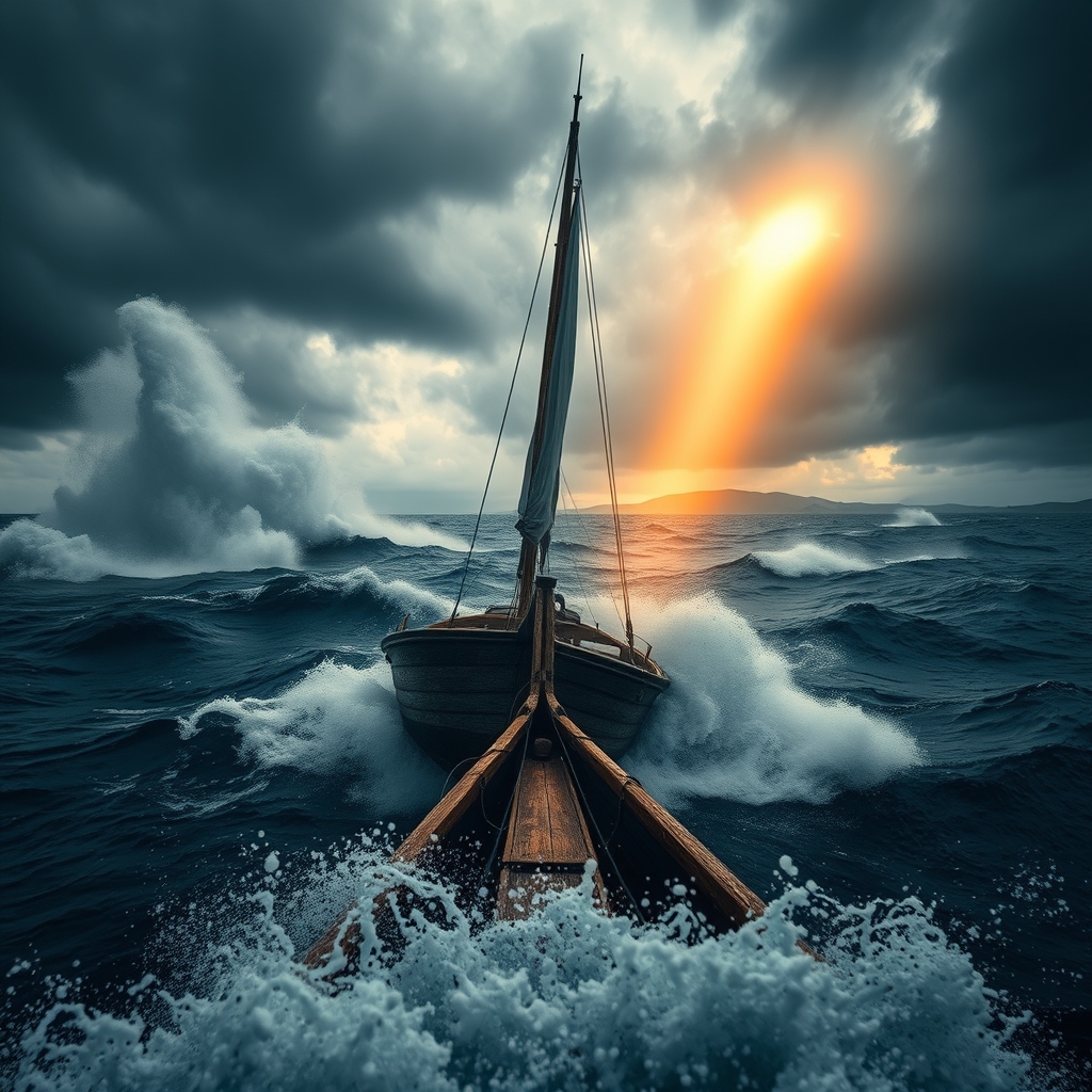Photorealistic dramatic seascape of a wooden fishing boat caught in a violent storm with dark brooding clouds and massive waves, illuminated by a single shaft of divine light breaking through the storm clouds symbolizing Jesus calming the storm