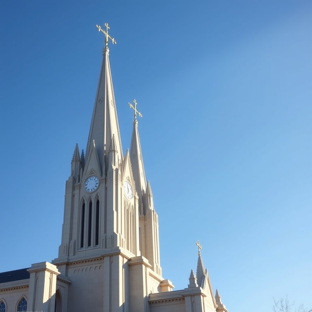 Photorealistic exterior view of a Latter-day Saint temple under a clear blue sky, shot in professional architectural photography style.