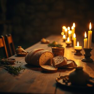 Photorealistic image of a candlelit rustic wooden table set for a biblical feast, with a broken loaf of bread, a cup of wine, olive branches, and warm golden light, evoking the atmosphere of the Last Supper