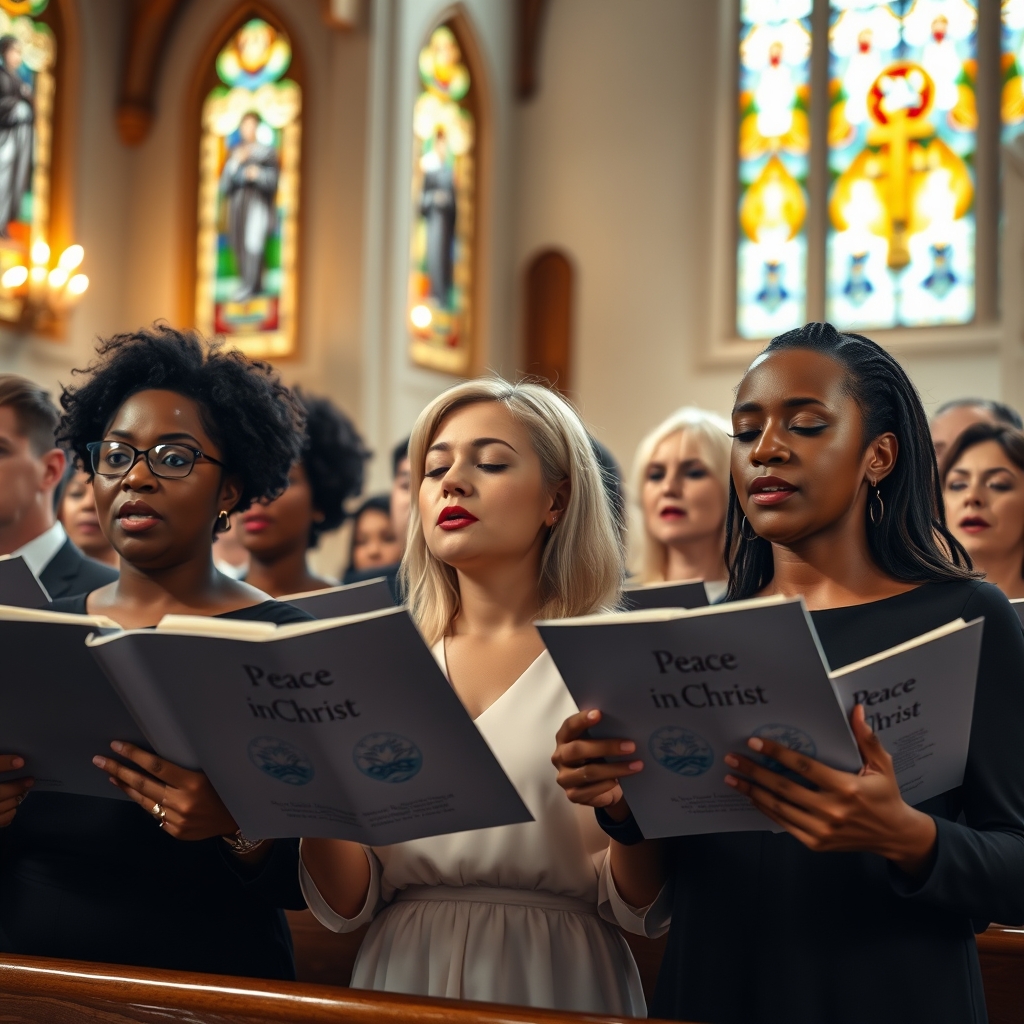 Photorealistic image of a Christian choir holding 'Peace in Christ' sheet music while singing in a warmly lit church sanctuary.