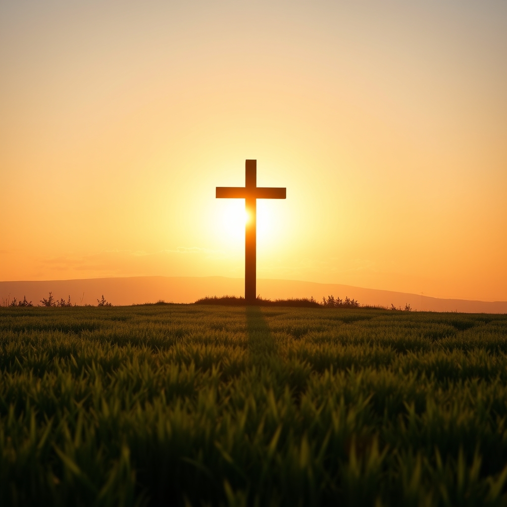 Photorealistic image of a cross silhouetted against a sunrise, conveying faith and eternity.