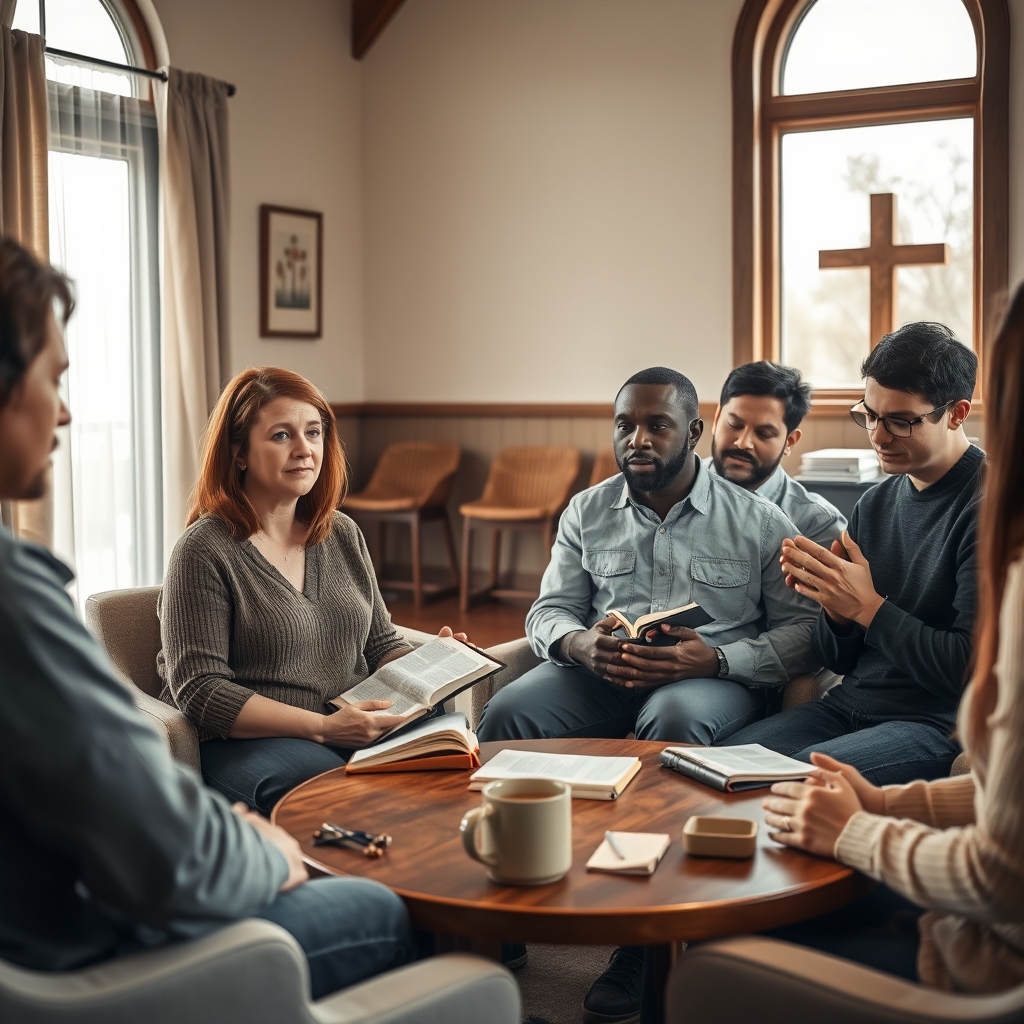 Photorealistic image of a diverse group of modern Christians engaged in Bible study and prayer together in a warmly lit church fellowship room.