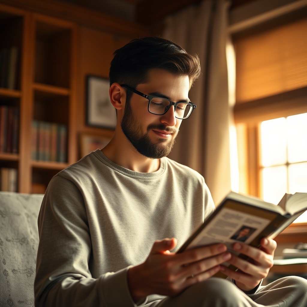 Photorealistic image of a person reading the Bible in a warmly lit room, symbolizing personal application of Jesus' teachings from the wedding at Cana.
