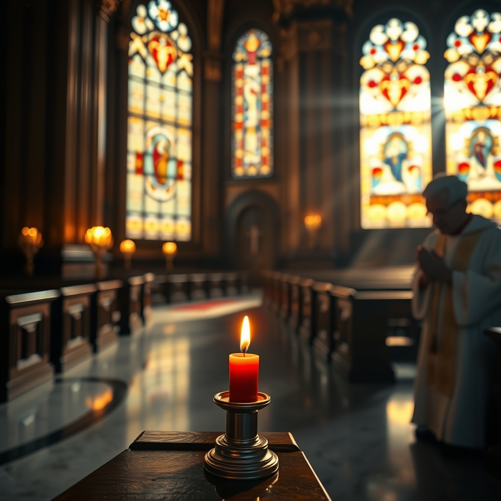 Photorealistic image of a softly lit Catholic cathedral interior with warm golden light streaming through ornate stained glass windows, featuring the Sacred Heart devotional items
