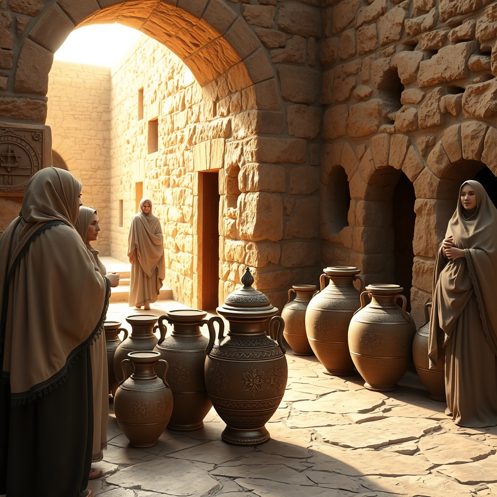 Photorealistic image of a traditional Jewish wedding at Cana with stone water jars in the background, capturing the biblical setting of Jesus' first miracle.