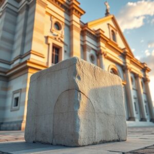 Photorealistic image of an ancient limestone cornerstone at the base of a grand cathedral in golden hour light, symbolizing Christ as the unshakable foundation, professional architectural photography with warm tones and dramatic rim lighting on stone textures