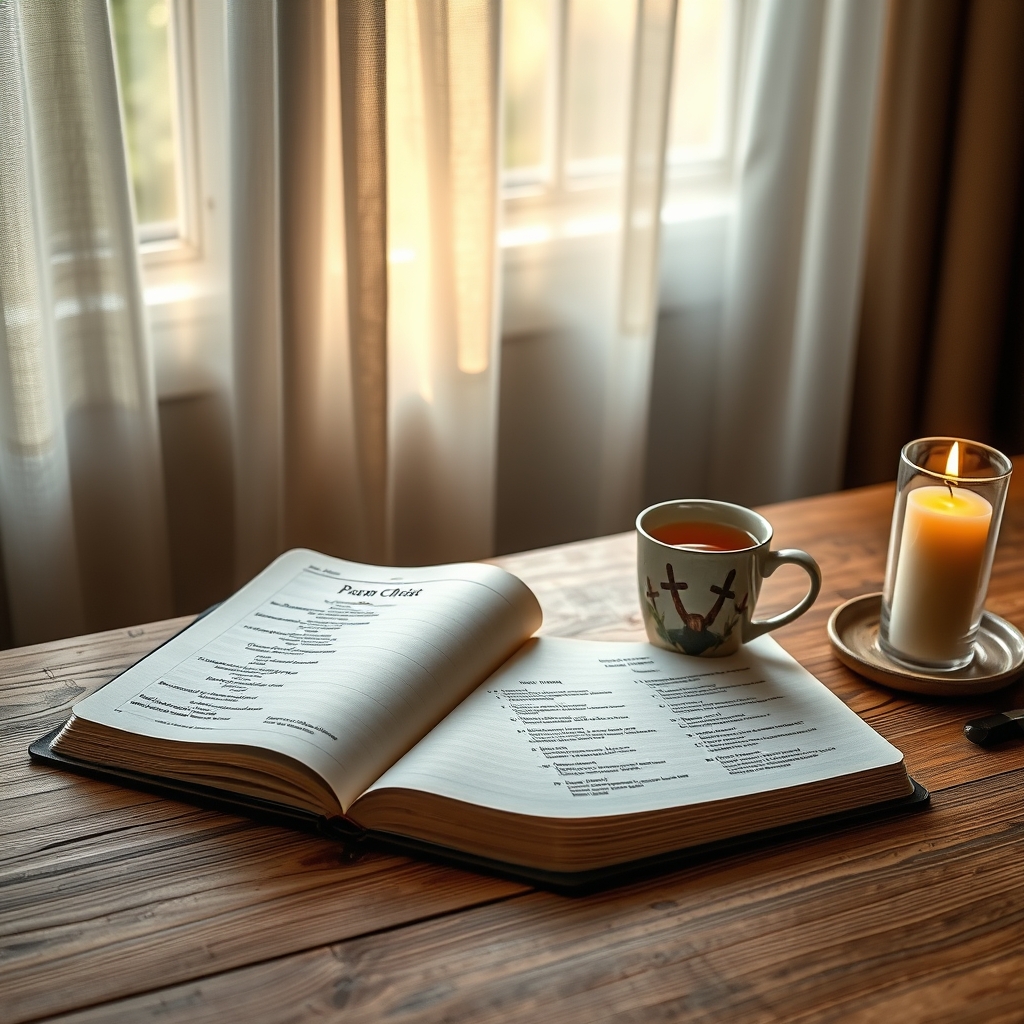Photorealistic image of an open Bible beside printed 'Peace in Christ' lyrics, a candle, and a cup of tea on a sunlit wooden table.
