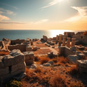 Photorealistic image of ancient ruins on the shore of the Sea of Galilee at golden hour, depicting the archaeological remains of the biblical village of Bethsaida with weathered stone foundations, wildflowers, and the shimmering lake in the background under dramatic amber and lavender skies