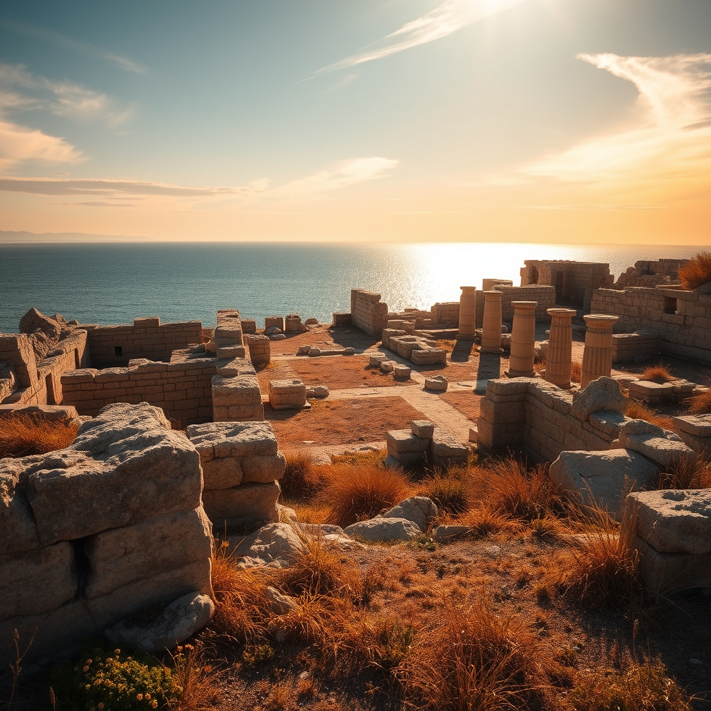 Photorealistic image of ancient ruins on the shore of the Sea of Galilee at golden hour, depicting the archaeological remains of the biblical village of Bethsaida with weathered stone foundations, wildflowers, and the shimmering lake in the background under dramatic amber and lavender skies