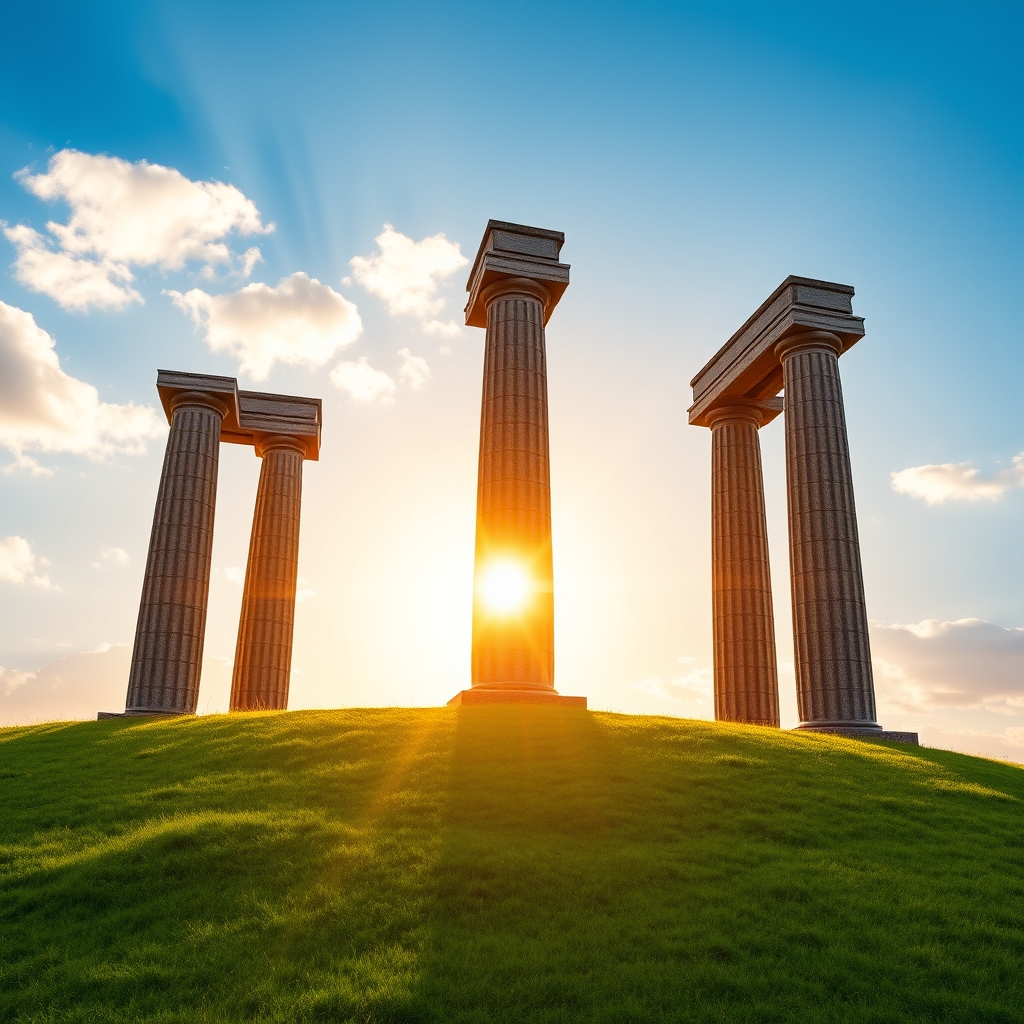 Photorealistic image of four majestic stone pillars standing strong on a sunlit hillside, symbolizing the four pillars of faith.