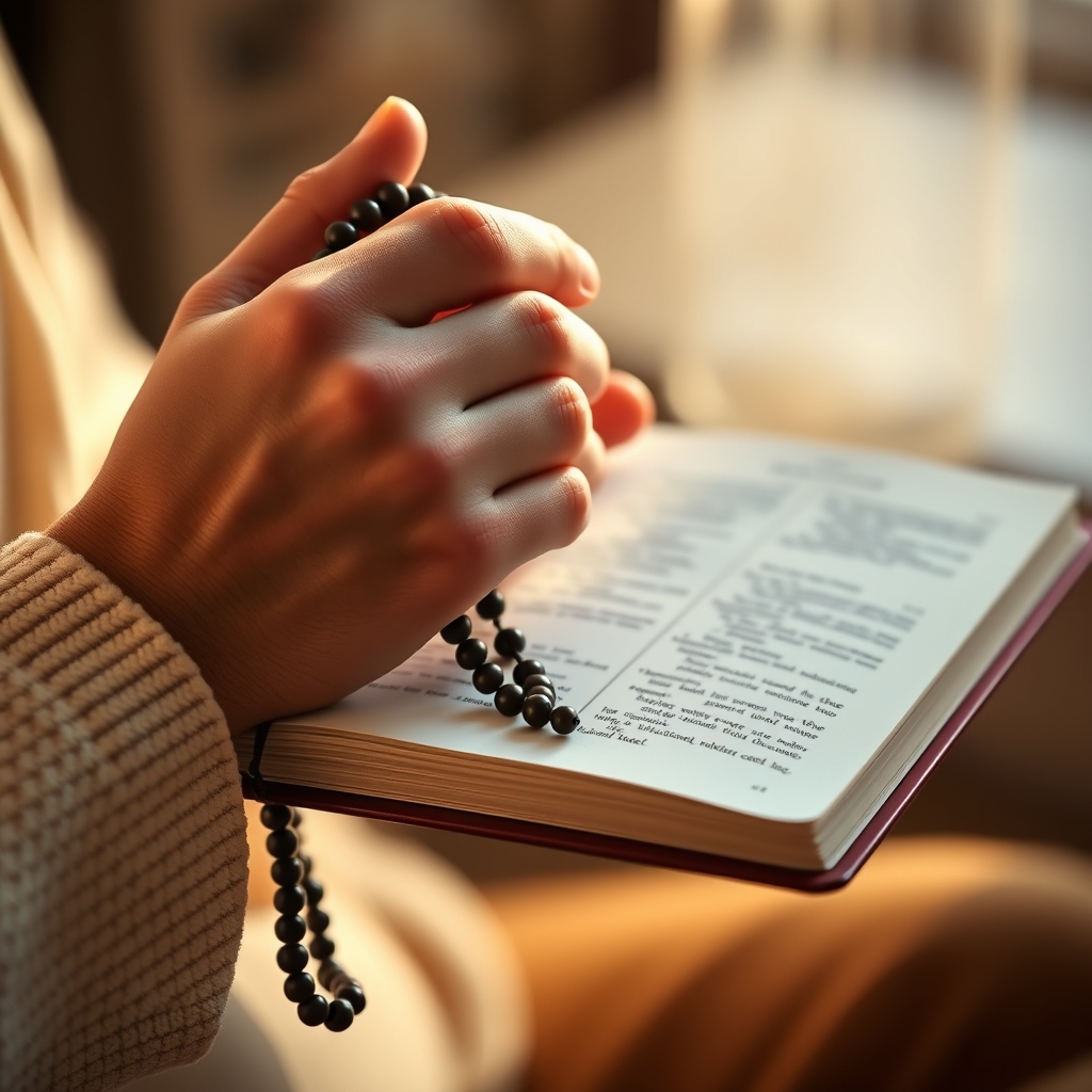 Photorealistic image of hands holding rosary beads and prayer book.