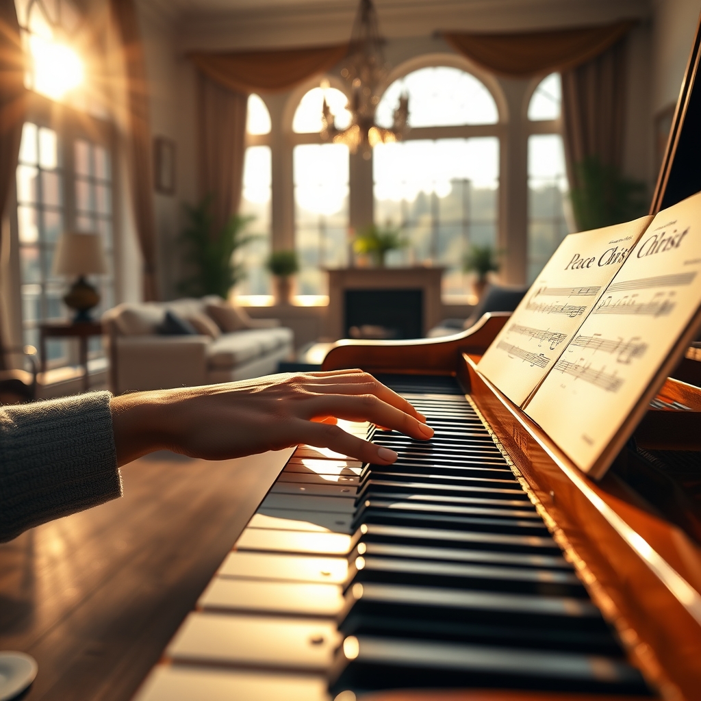 Photorealistic image of hands on piano keys with 'Peace in Christ' sheet music, in a warmly lit room, evoking tranquility and spiritual peace.