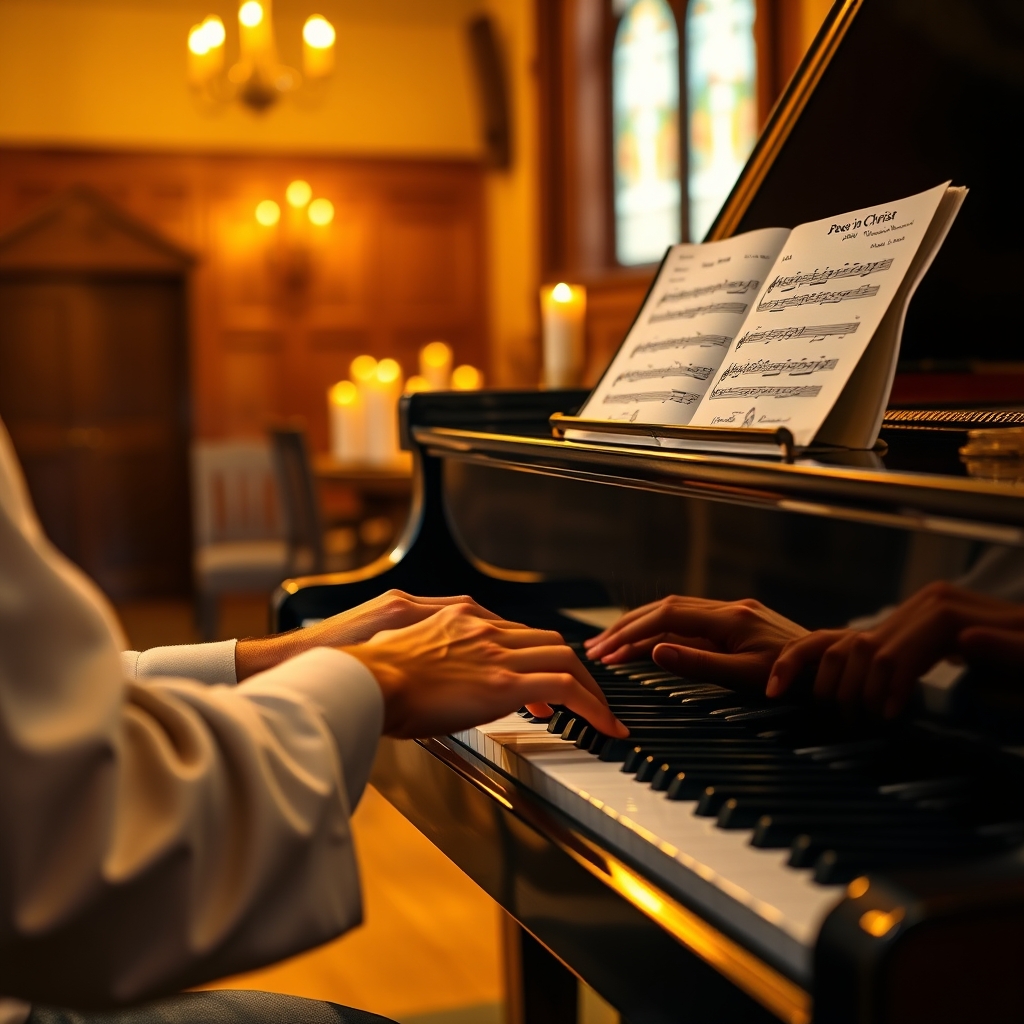 Photorealistic image of hands on piano keys with 'Peace in Christ' sheet music on a grand piano during a warm, candlelit setting.