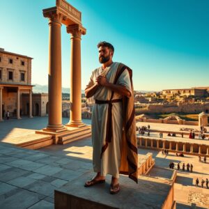 Photorealistic image of Pontius Pilate standing pensively on an ancient stone platform in traditional Roman attire with warm golden light, set against historic Jerusalem architecture during the time of Jesus' trial
