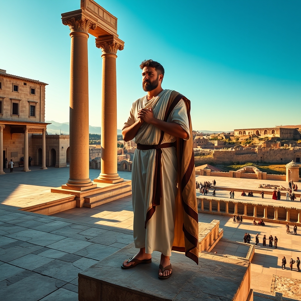 Photorealistic image of Pontius Pilate standing pensively on an ancient stone platform in traditional Roman attire with warm golden light, set against historic Jerusalem architecture during the time of Jesus' trial