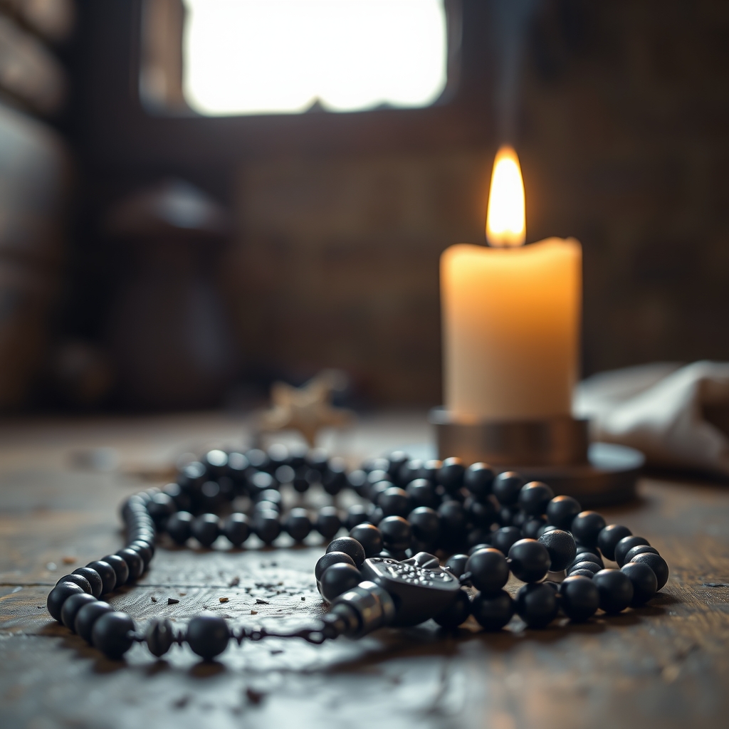 Photorealistic image of prayer beads and candle.