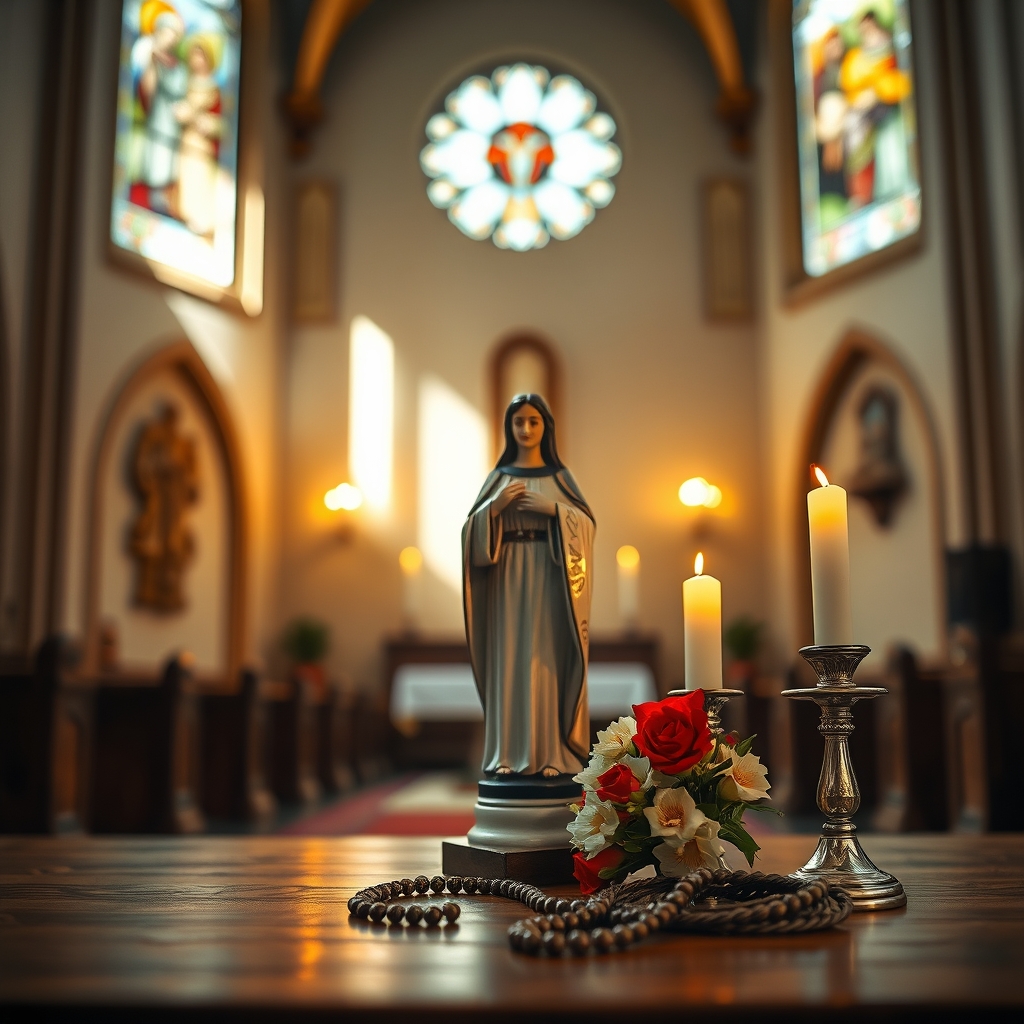 Photorealistic image of Saint Expedite statue with flowers and candles in a Catholic church interior.