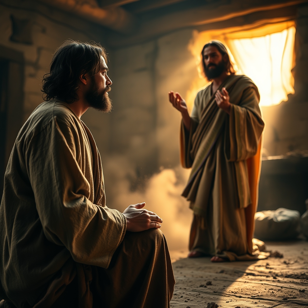 Photorealistic indoor biblical scene of Jesus speaking compassionately to a kneeling man, with warm light and period clothing.