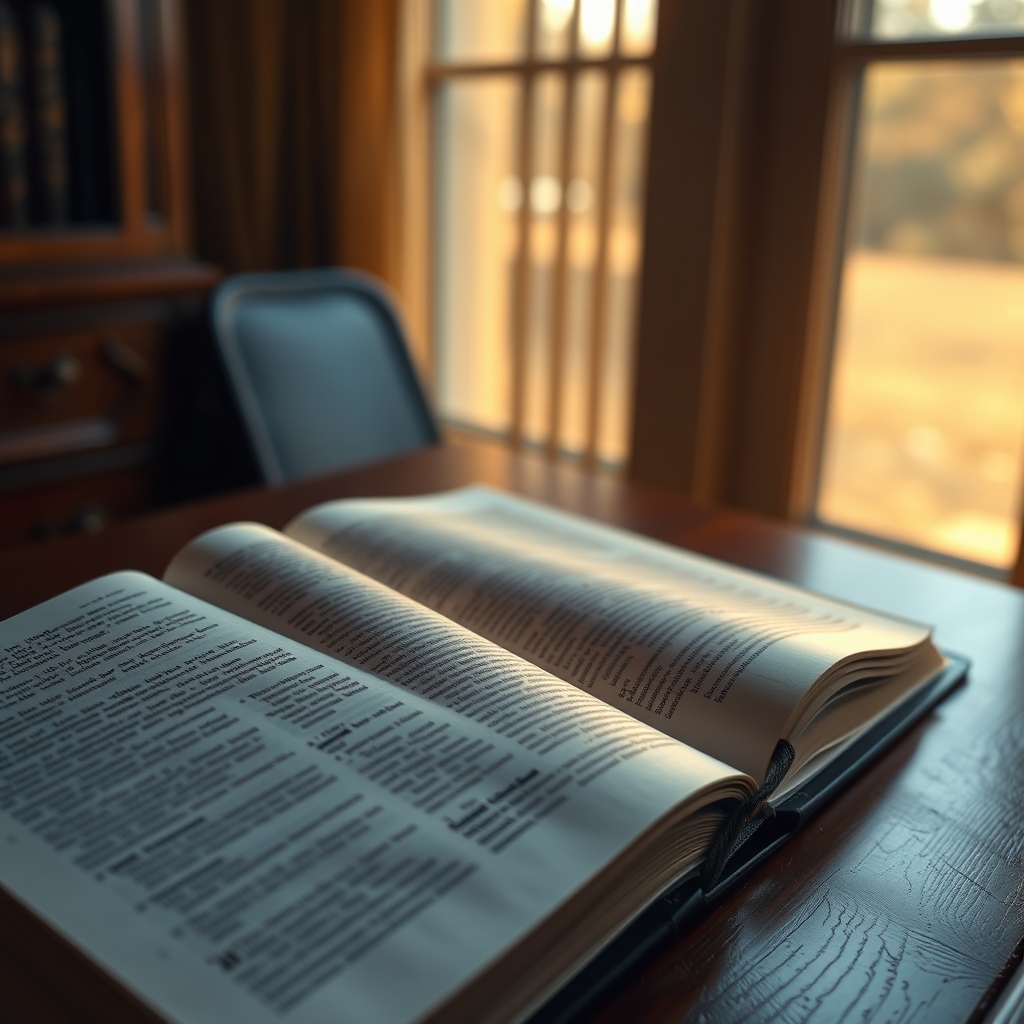 Photorealistic open Bible on a polished desk illuminated by warm sunlight, symbolizing spiritual truth and the lordship of Jesus