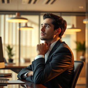 Photorealistic portrait of a contemplative professional in a modern office setting with warm lighting, symbolizing the search for spiritual truth.