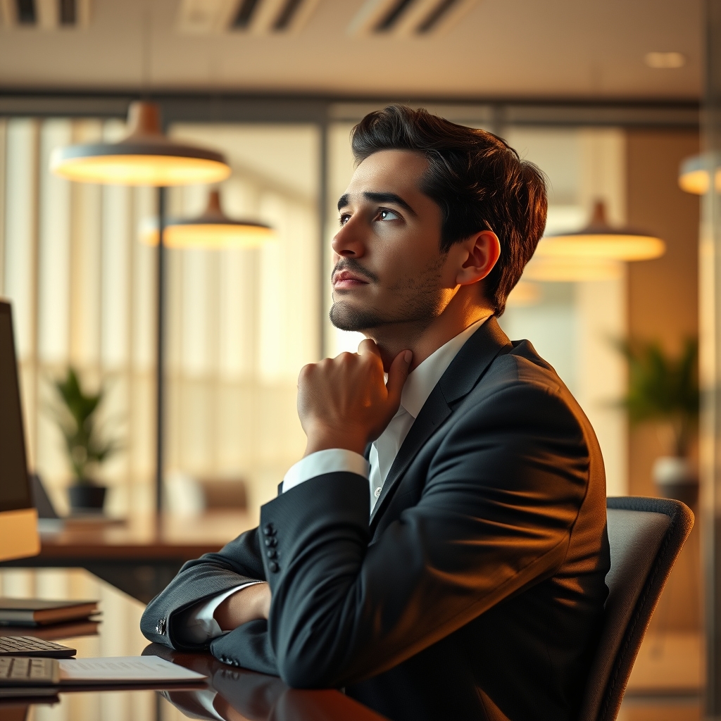 Photorealistic portrait of a contemplative professional in a modern office setting with warm lighting, symbolizing the search for spiritual truth.