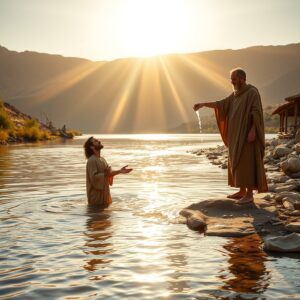 Photorealistic scene depicting the baptism of Jesus Christ at the Jordan River, with John the Baptist baptizing Jesus as golden light breaks through the heavens and the Holy Spirit descends like a dove, rendered in reverent, warm-toned professional photography.