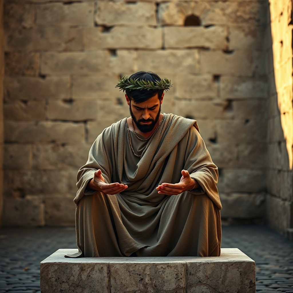 Pontius Pilate seated on a judgment seat in an ancient courtyard, portrayed in photorealistic editorial style, appearing conflicted and contemplative in dramatic golden light.