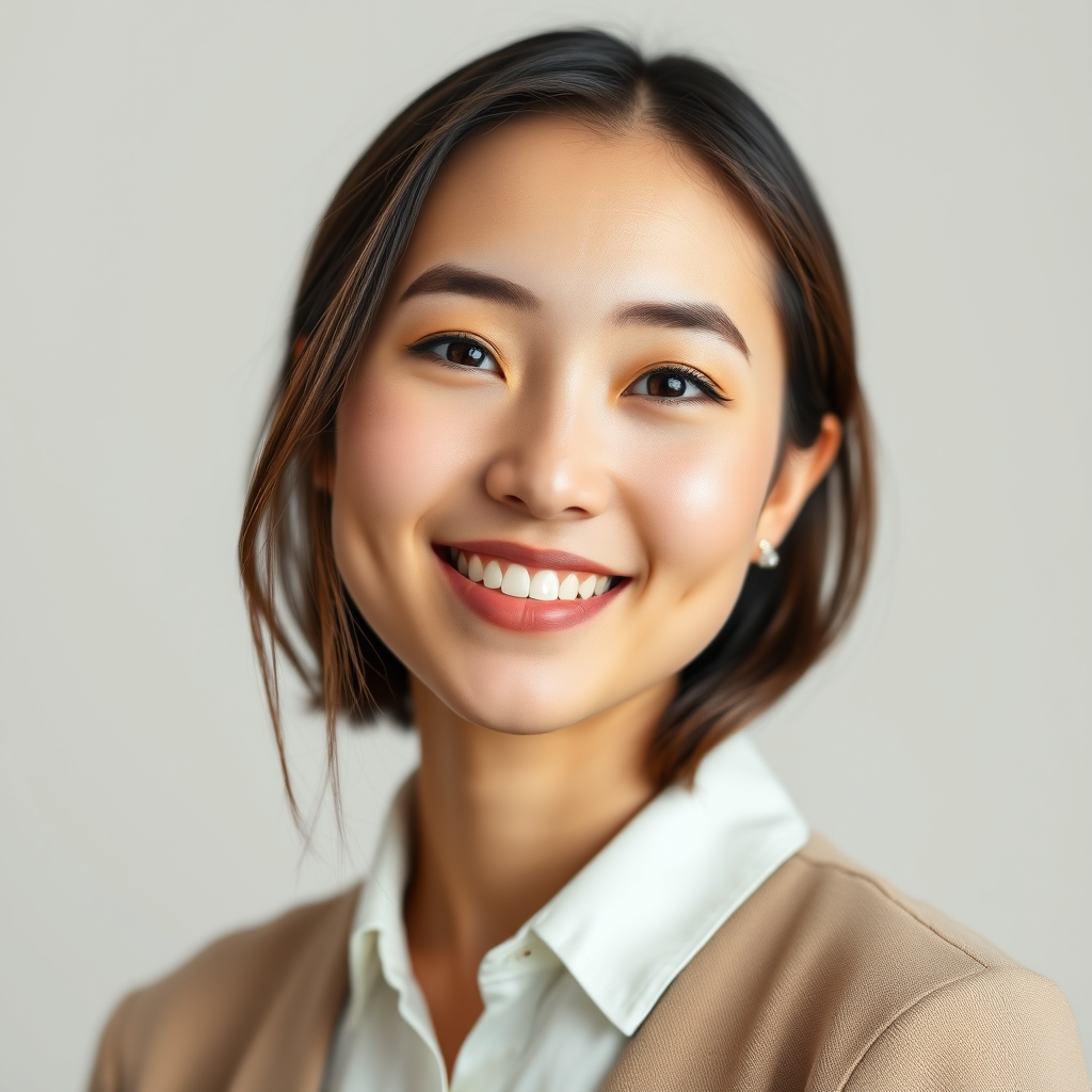Professional headshot of a young woman with a warm smile and soft studio lighting.