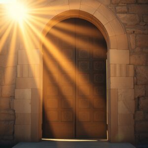 Professional photograph of an ancient bronze door in a weathered stone archway in Jerusalem-style architecture, bathed in warm golden sunlight, evoking themes of sacred history and spiritual significance.