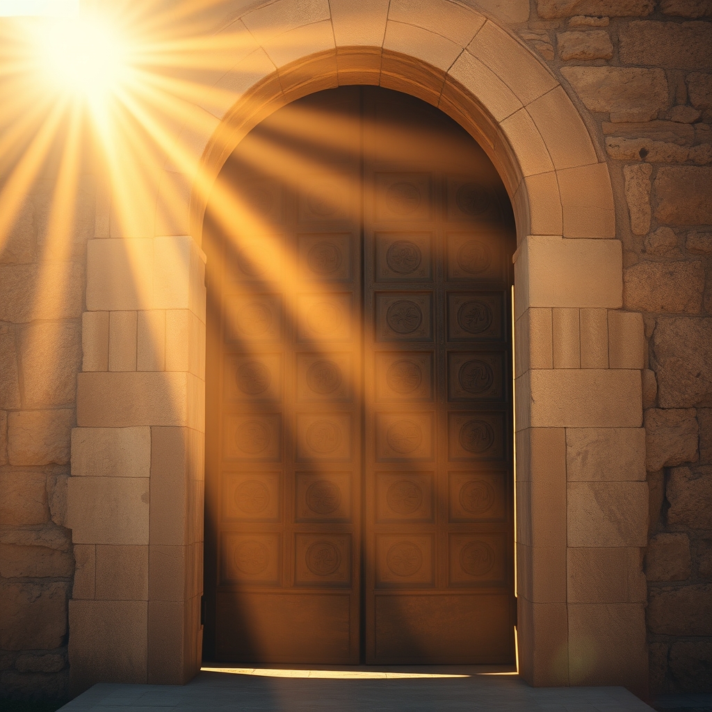 Professional photograph of an ancient bronze door in a weathered stone archway in Jerusalem-style architecture, bathed in warm golden sunlight, evoking themes of sacred history and spiritual significance.