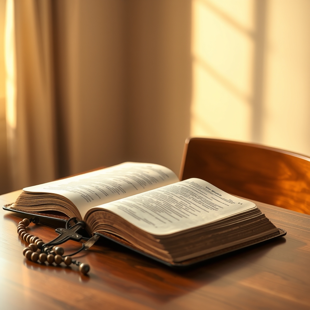 Professional photograph of an open Bible with a wooden cross beside it on a table, bathed in warm, soft light, evoking a sense of peace and faith