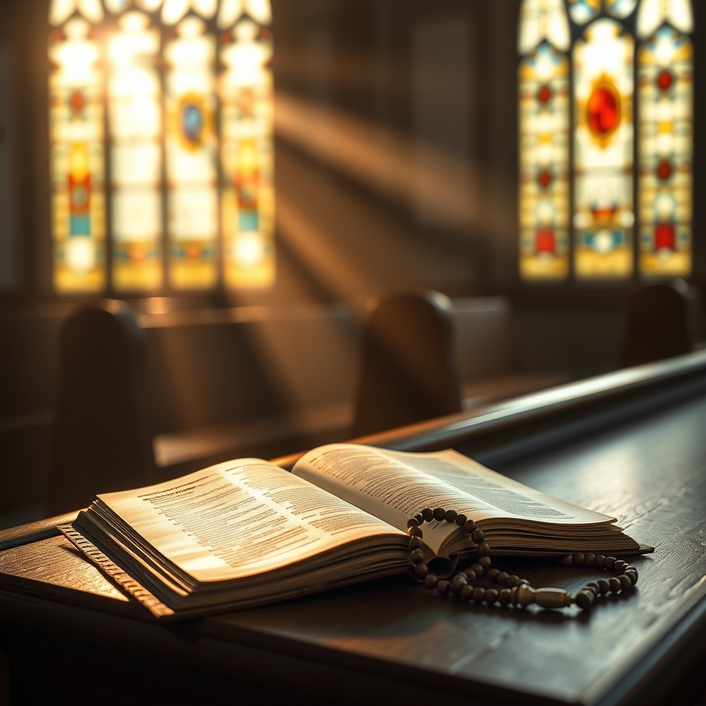 Professional photograph of an open prayer book and rosary resting on a wooden pew in a softly lit traditional church interior with morning light streaming through stained glass windows, symbolizing faith, prayer, and devotion to Jesus Christ.