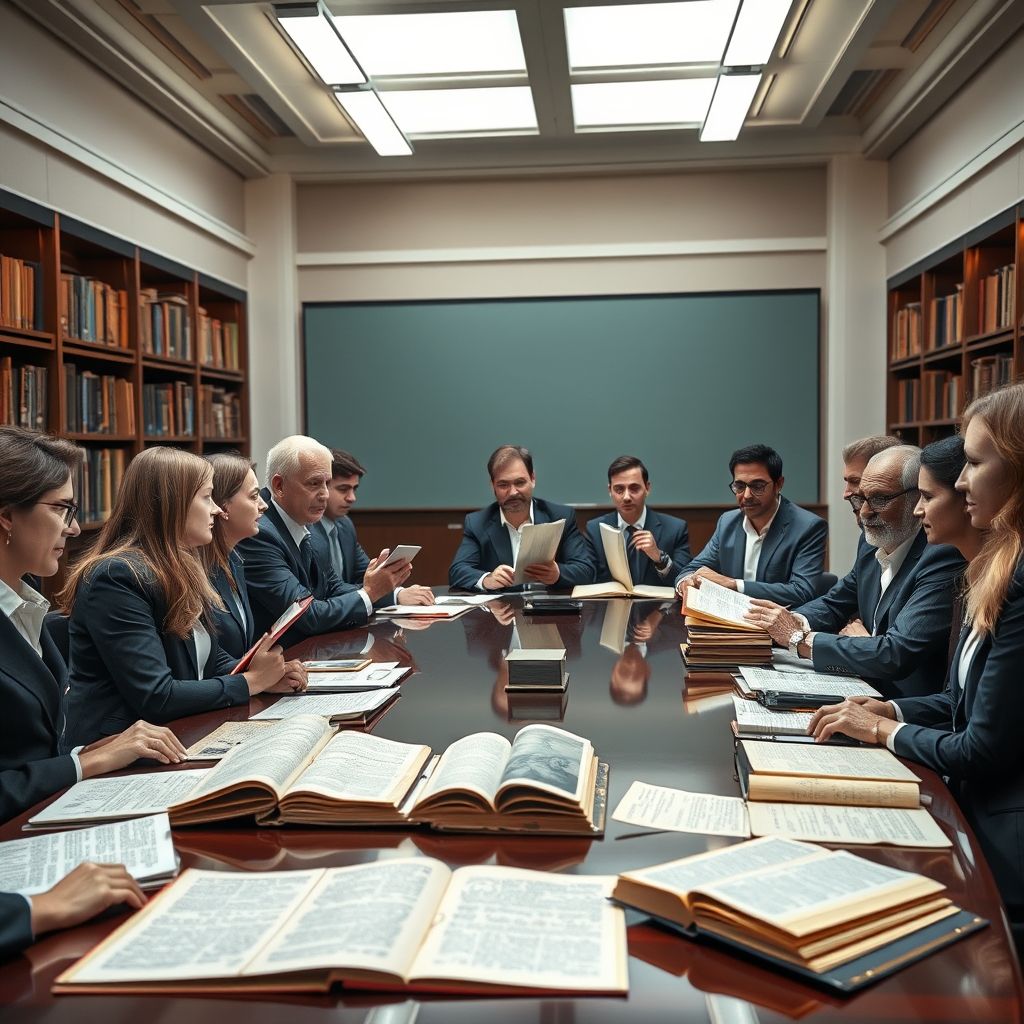 Professional photography of diverse scholars discussing texts in a bright academic setting, illustrating a critical examination of sources.