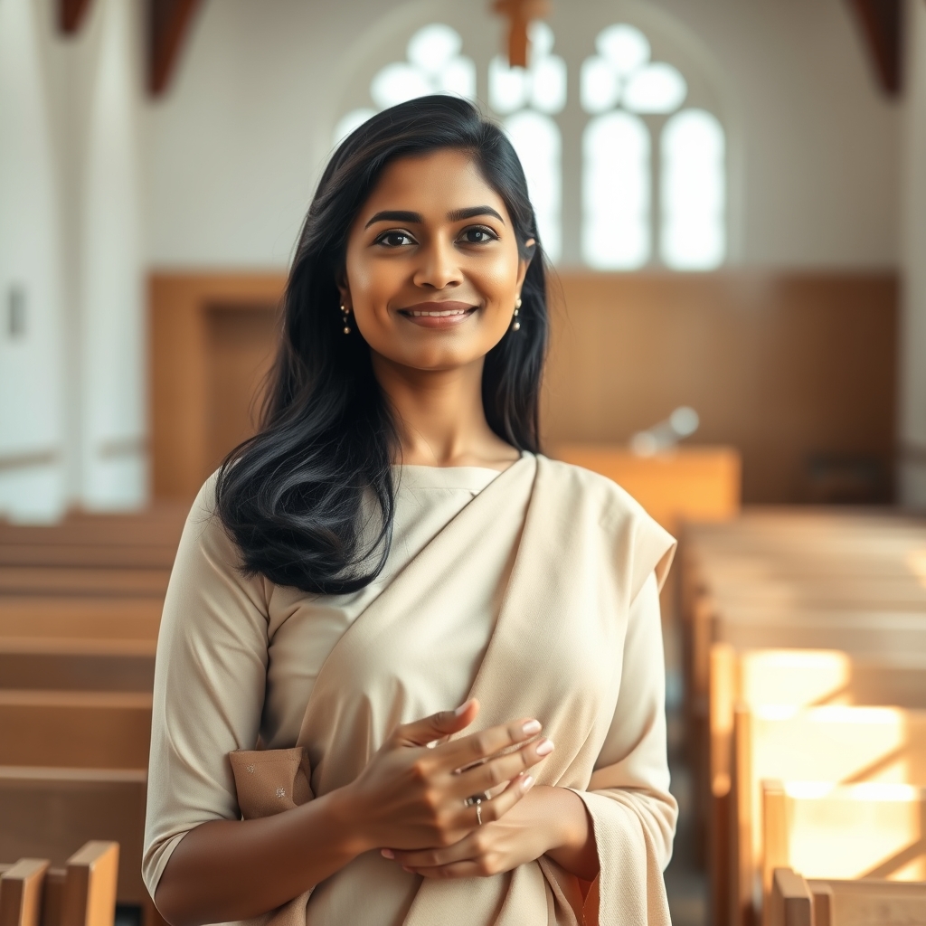 Professional portrait of Stella Dhinakaran walking through the church halls, radiating humility, obedience, and compassion.