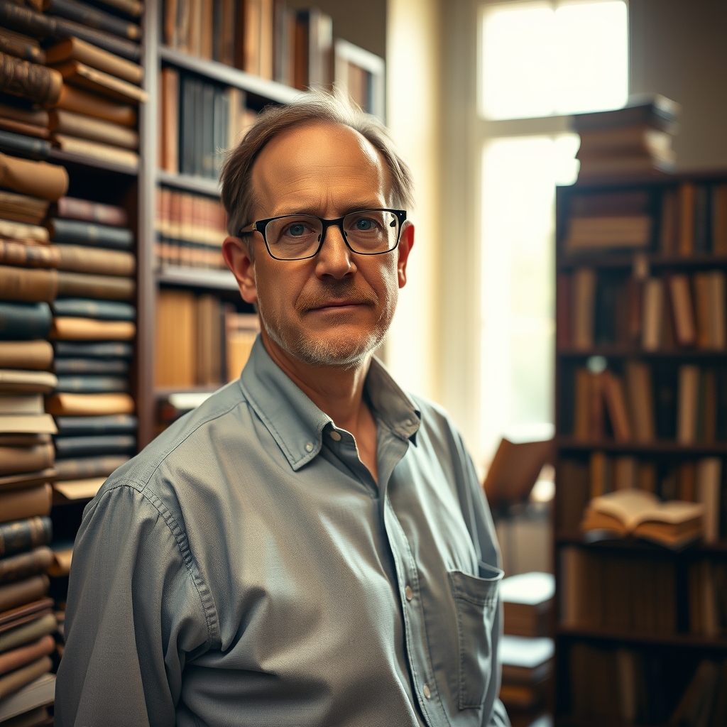 Scholar Bart Ehrman standing in his university office surrounded by books and manuscripts.