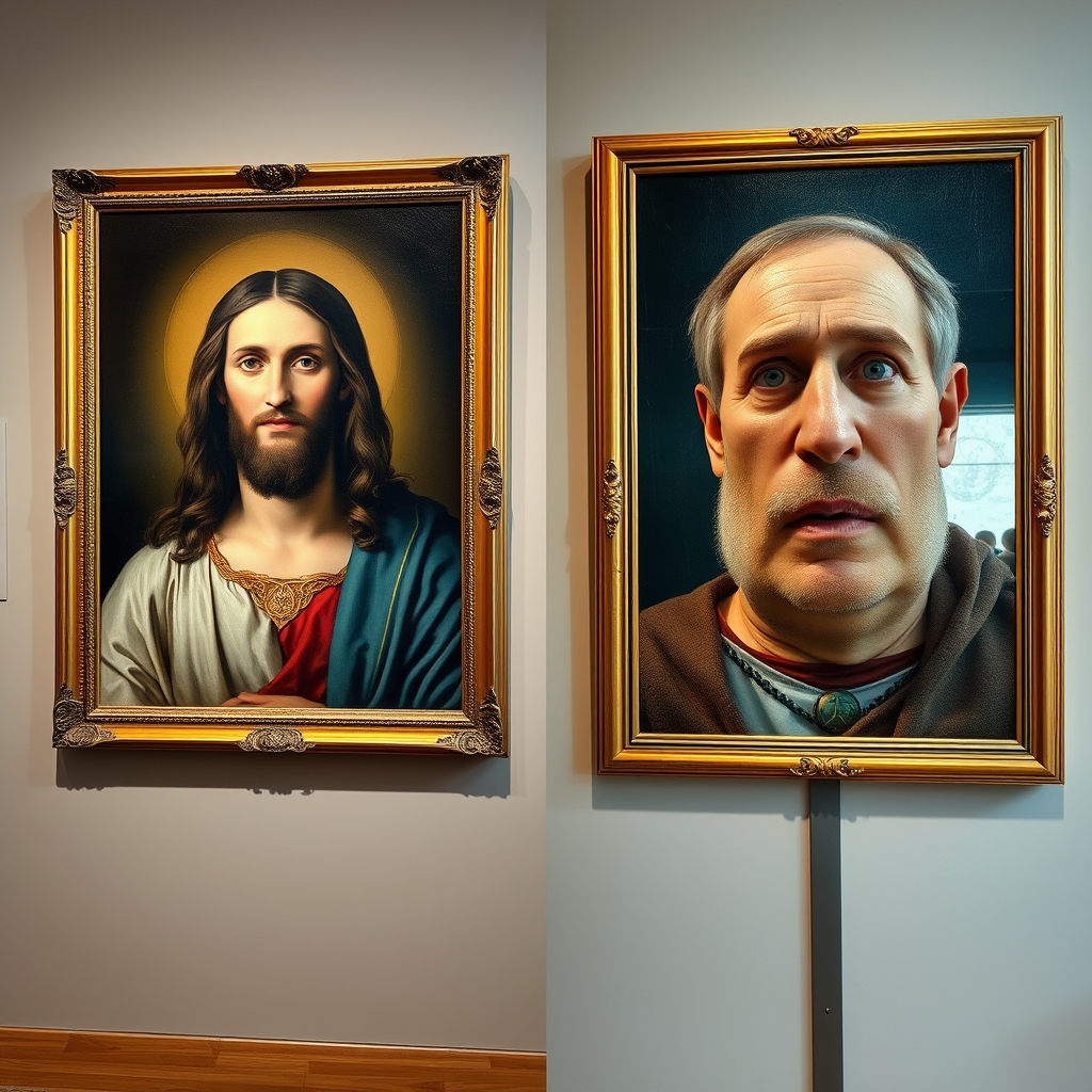 Side-by-side museum display of the original fresco painting of Jesus and the famously botched restoration known as Potato Jesus, showing the dramatic visual difference between the two.