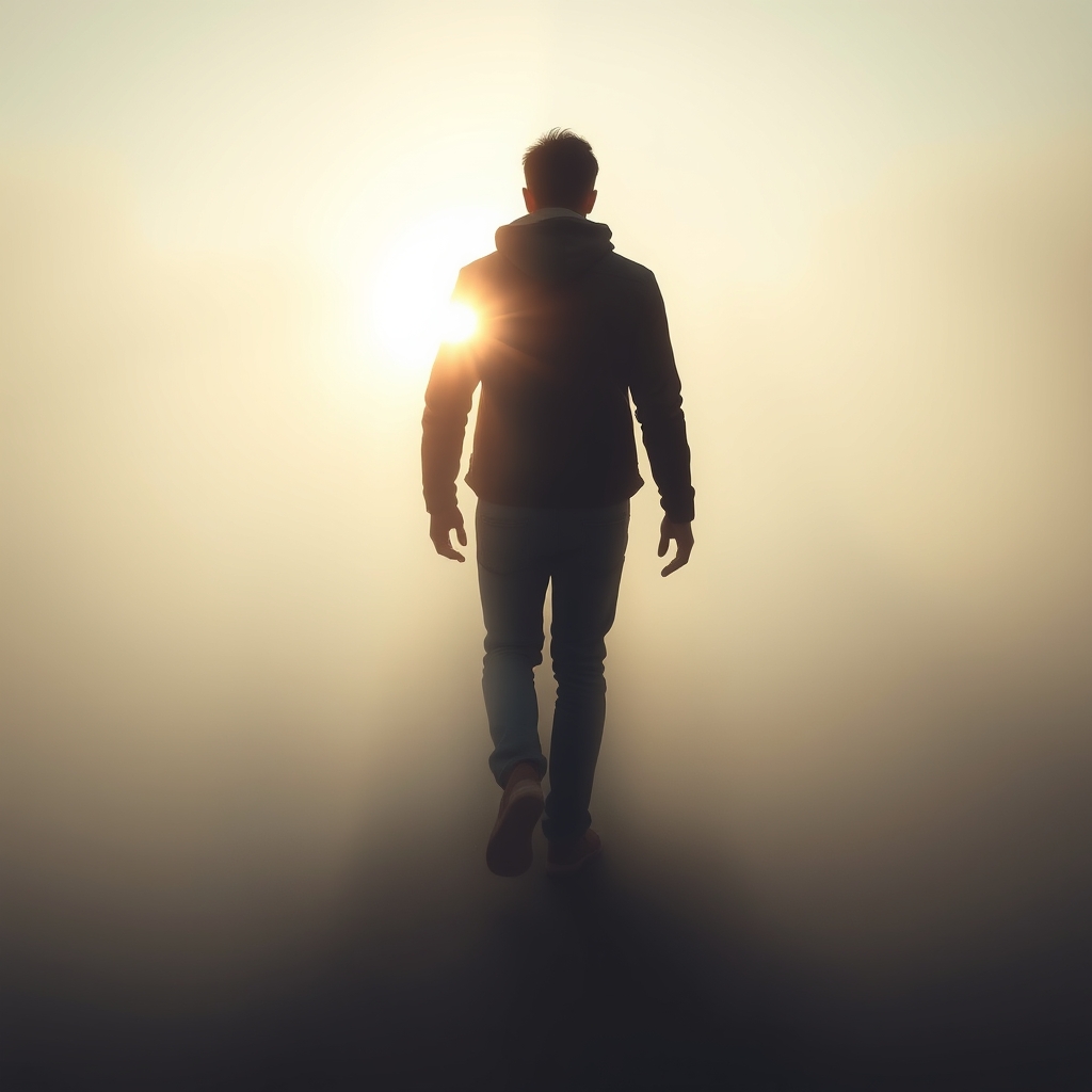 Split composition showing figure moving from heavy fog into clear daylight, with light piercing mist, solitary person stepping into warm radiant glow, captured on Sony A7 IV with vibrant color grading
