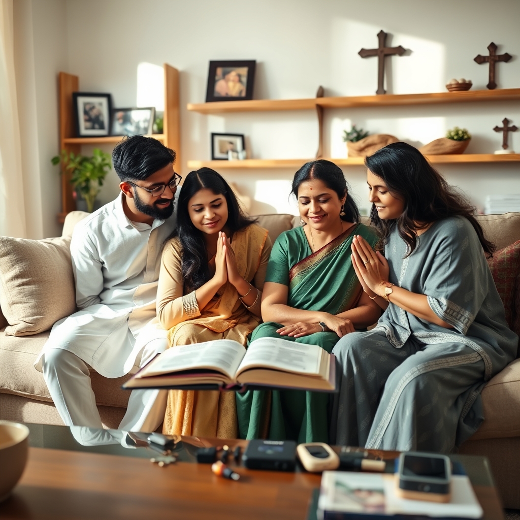 Stella Dhinakaran at home with her family, reflecting on faith and family values during a quiet evening devotion.