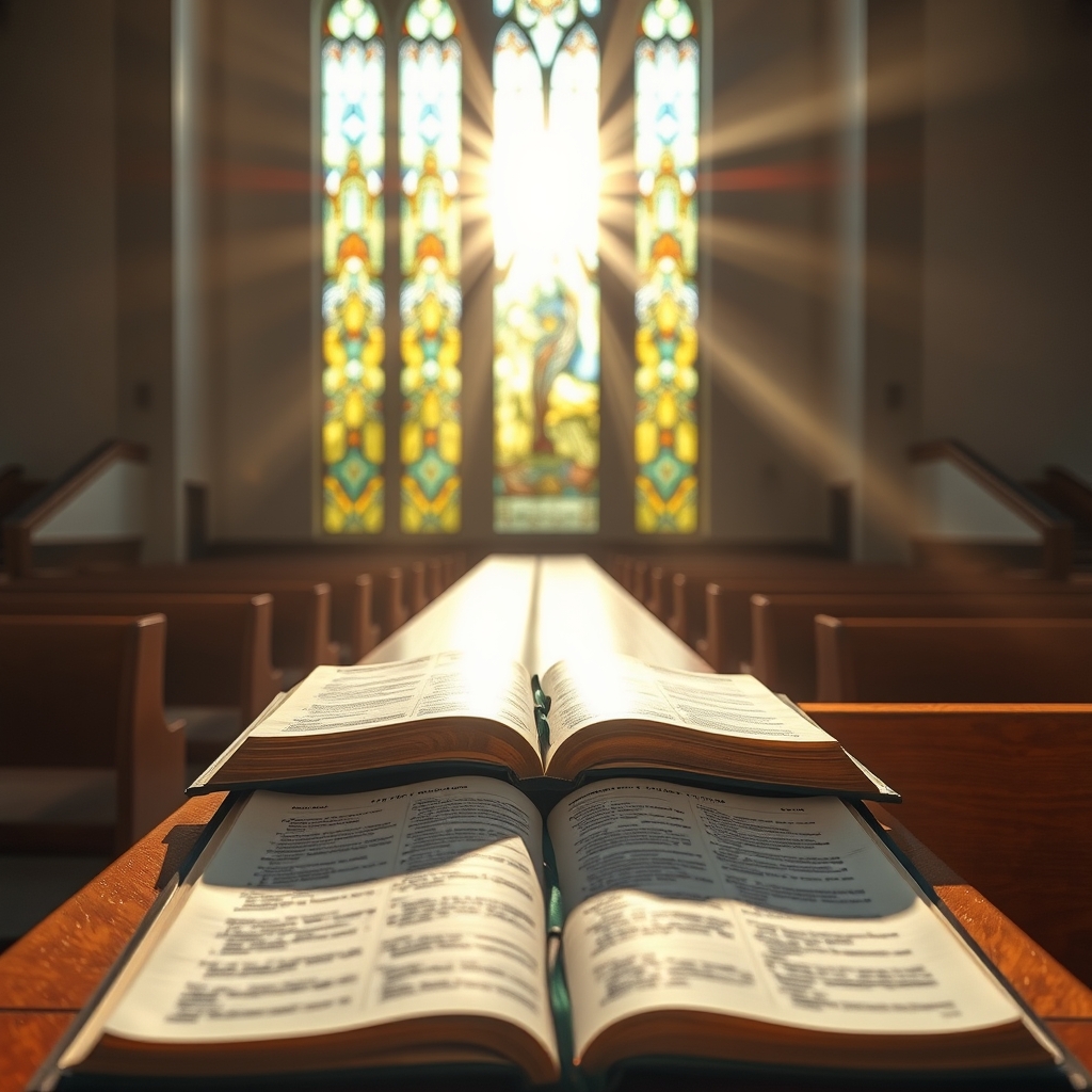 Sunlight illuminating an open Bible in a peaceful church interior, symbolizing hope and salvation.