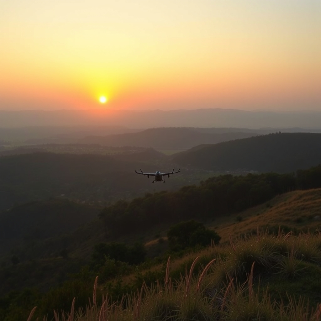 Sunrise over a peaceful landscape with warm golden light, professional photography style.