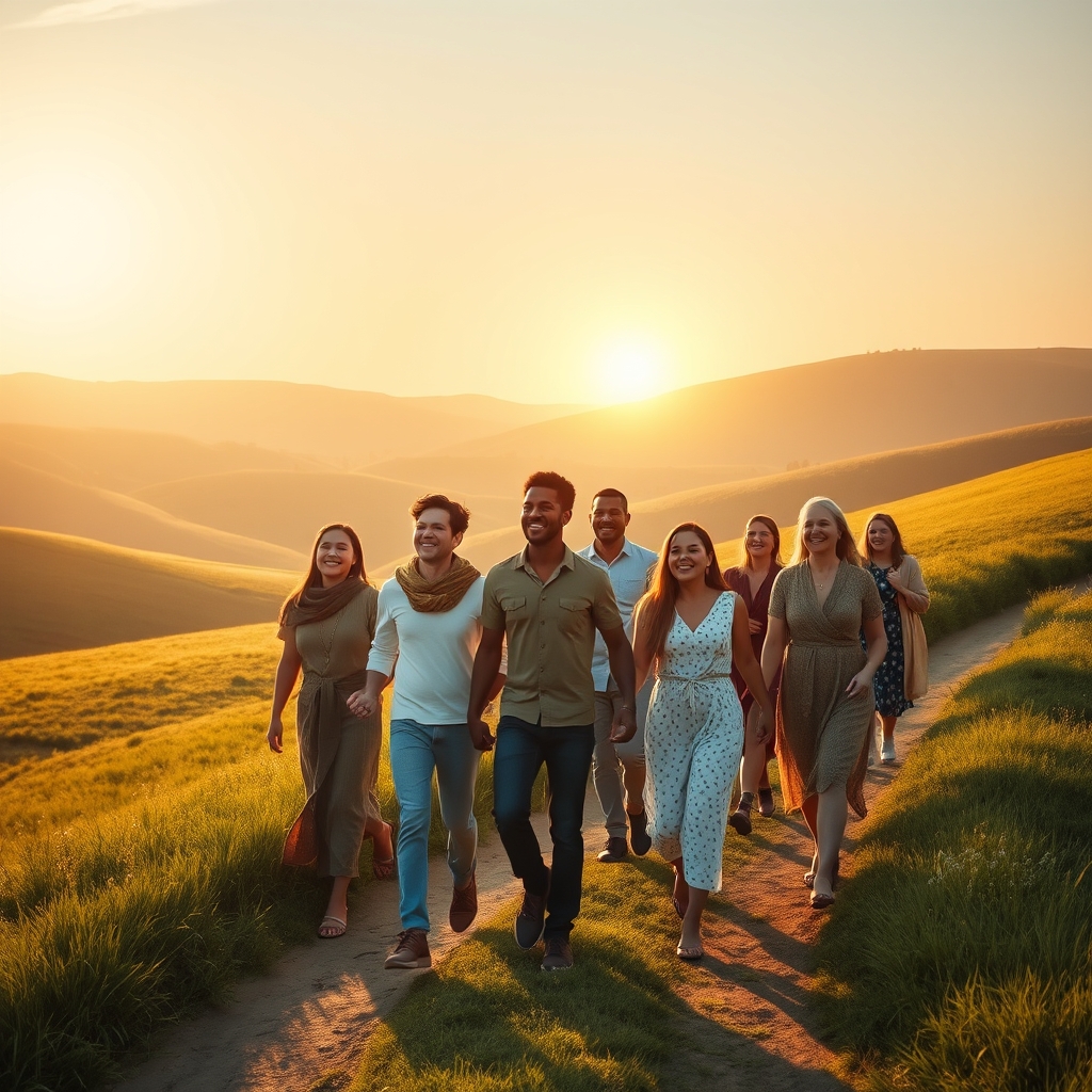 The image depicts a small group of people walking together toward a sunrise, representing the shared journey of faith.